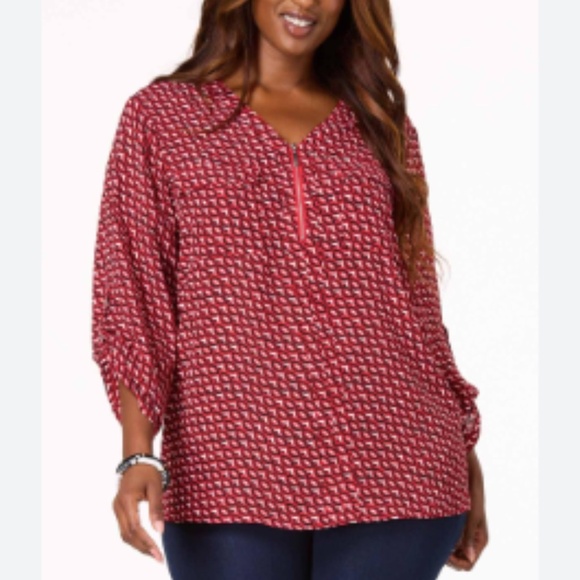 Cato Tops - Red & White NEW Geometric Print Careerwear V-Neck Roll Tab Sleeve Blouse